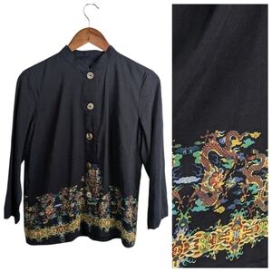Citron Dragon Tunic Blouse Top Medium Black Silk Linen Black Art to Wear Asian